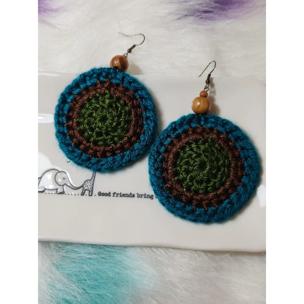 Round Crochet Earrings: Island Green Acrylic Yarn‎ with Wood Beads